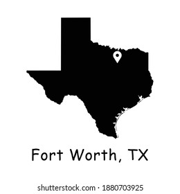 Fort Worth on Texas State Map. Detailed TX State Map with Location Pin on Fort Worth City. Black silhouette vector map isolated on white background.