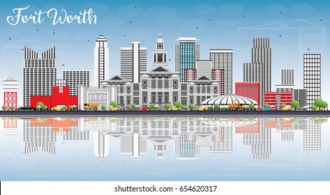 Fort Worth Skyline with Gray Buildings, Blue Sky and Reflections. Vector Illustration. Business Travel and Tourism Concept with Modern Architecture. Image for Presentation Banner Placard and Web Site.