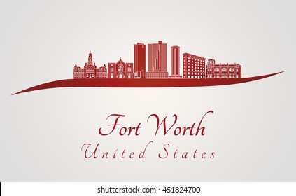 Fort Worth skyline in red and gray background in editable vector file