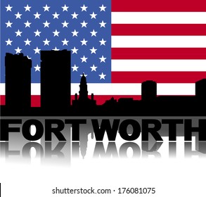Skyline von Fort Worth und Text, der mit einer Vektorgrafik von Flag reflektiert wird 