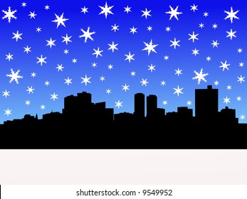 Skyline von Fort Worth im Winter mit fallender Schneemaschine