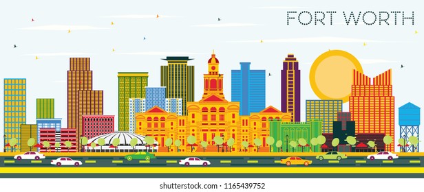 Fort Worth Texas City Skyline with Color Buildings and Blue Sky. Vector Illustration. Business Travel and Tourism Concept with Modern Architecture. Fort Worth Cityscape with Landmarks.