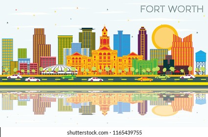 Fort Worth Texas City Skyline with Color Buildings, Blue Sky and Reflections. Vector Illustration. Business Travel and Tourism Concept with Modern Architecture. Fort Worth Cityscape with Landmarks.