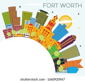 Fort Worth Texas City Skyline with Color Buildings, Blue Sky and Copy Space. Vector Illustration. Business Travel and Tourism Concept with Modern Architecture. Fort Worth Cityscape with Landmarks.