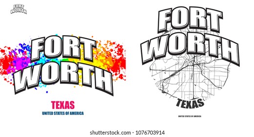 Fort Worth, Texas, logo design. Two in one vector arts. Big logo with vintage letters with nice colored background and one-color-version with map for every possible print production.