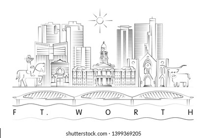 Fort Worth, Texas skyline linear minimal vector illustration and typography design 