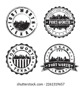 Postmark de Fort Worth Texas Stamp Skyline. Pasaporte postal de Silhouette. Conjunto de iconos del vector de redondeo de la ciudad. Postage de cosecha de vintage 

Diseño.