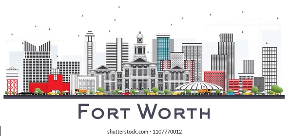 Fort Worth USA City Skyline with Gray Buildings Isolated on White. Vector Illustration. Business Travel and Tourism Concept with Modern Architecture. Fort Worth Cityscape with Landmarks.