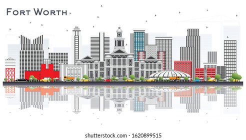 Fort Worth USA City Skyline with Gray Buildings and Reflections Isolated on White. Vector Illustration. Business Travel and Tourism Concept with Modern Architecture. Fort Worth Cityscape with Landmark