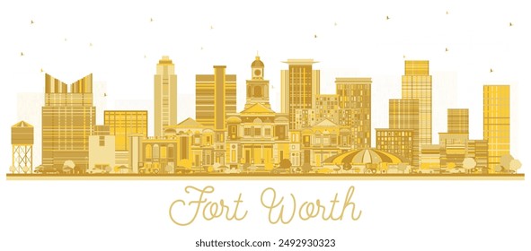 Silueta de Fort Worth USA City Skyline con edificios dorados aislados en blanco. Ilustración vectorial. Concepto de viajes de negocios y turismo con arquitectura moderna. Fort Worth Cityscape con Lugares famosos.