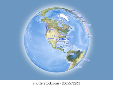 Fort Worth-United States of America is shown on vector globe map. The map shows Fort Worth-United States of America 's location in the world.