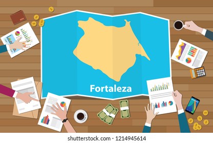 fortaleza brazil ceara city region economy growth with team discuss on fold maps view from top vector illustration