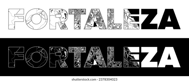 Fortaleza City Name (Brazil, South America) with black white city map illustration vector