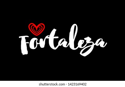 Fortaleza city text with red love heart design on black background for typographic logo icon design