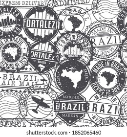 Fortaleza - State of Ceará, Brazil Pattern of Stamps. Travel Passport Stamps. Made In Product. Design Seals in Old Style Insignia Seamless. Icon Clip Art Vector Collection.