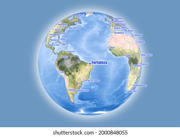 Fortaleza-Brazil is shown on vector globe map. The map shows Fortaleza-Brazil 's location in the world.