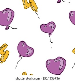 Forth anniversary background with violet heart shaped balloons and golden numbers ballons. Number four among hearts. Repeating pattern for cards, backgronds, banners and wallpapers.