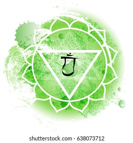forth chakra anahata on green watercolor background. Yoga icon, healthy lifestyle concept. Vector illustration