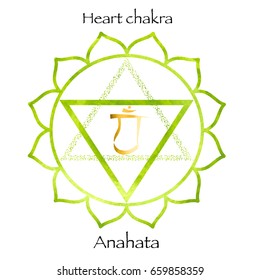 forth chakra anahata on green watercolor background. Yoga icon, healthy lifestyle concept. Vector illustration