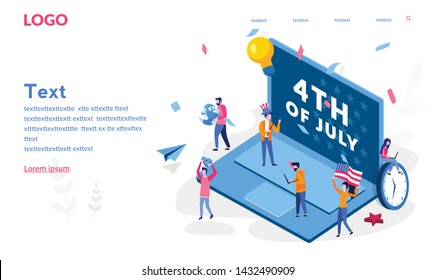 The Forth Of July Celebration Concepts., Patriotic American Business People Standing Near Laptop Celebrating Fourth Of July,  US Flags, Team Have A Party Vector Illustration For Web Banner, Print.