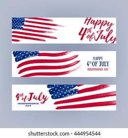 Forth July Independence day banners set design. National day USA holiday poster greeting card. Stars and stripes american flag vector illustration. Paint hand drawn texture.