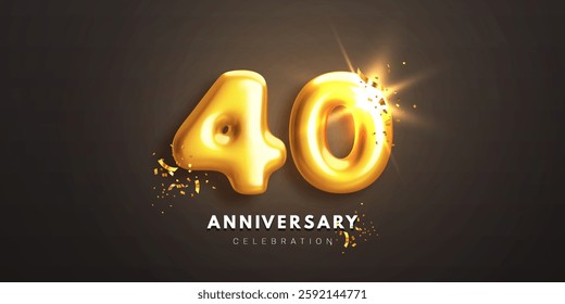 Fortieth anniversary celebration banner. Realistic glossy 3d golden number 40 and sparkling confetti on black background. Greeting card for birthday or wedding anniversary. Vector illustration