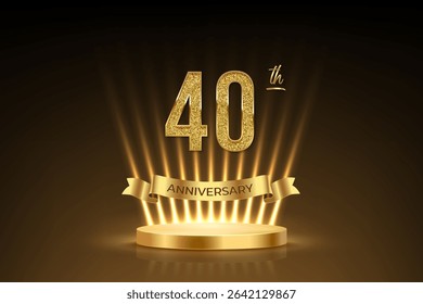 Fortieth anniversary gold award podium. 40 years celebration birthday or jubilee golden vector background. Luxury stage with glowing rays, glittering number 40, ribbon with text anniversary on black.