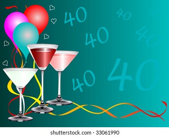 A fortieth birthday party background template with drinks glasses and balloons