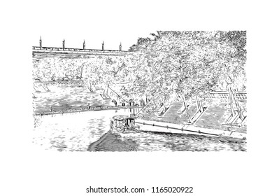 The fortifications of Xi'an, also known as Xi'an City Wall, in Xi'an, an ancient capital of China. Hand drawn sketch illustration in vector.