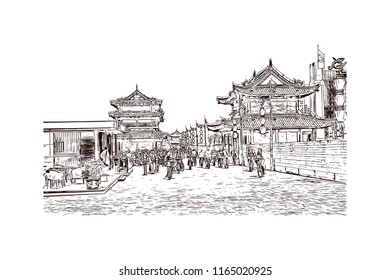 Las fortificaciones de Xi'an, también conocido como el Muro de la Ciudad Xi'an, en Xi'an, antigua capital de China. Dibujo dibujado a mano en vector.