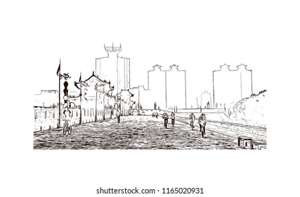 The fortifications of Xi'an, also known as Xi'an City Wall, in Xi'an, an ancient capital of China. Hand drawn sketch illustration in vector.