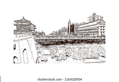 The fortifications of Xi'an, also known as Xi'an City Wall, in Xi'an, an ancient capital of China. Hand drawn sketch illustration in vector.