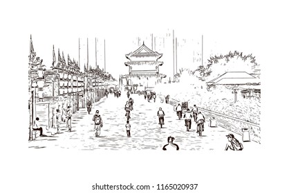 Las fortificaciones de Xi'an, también conocido como el Muro de la Ciudad Xi'an, en Xi'an, antigua capital de China. Dibujo dibujado a mano en vector.