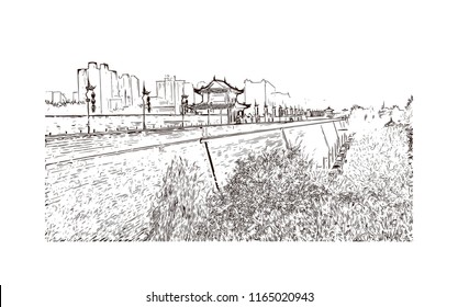 The fortifications of Xi'an, also known as Xi'an City Wall, in Xi'an, an ancient capital of China. Hand drawn sketch illustration in vector.