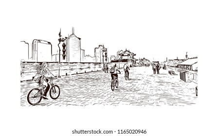 The fortifications of Xi'an, also known as Xi'an City Wall, in Xi'an, an ancient capital of China. Hand drawn sketch illustration in vector.