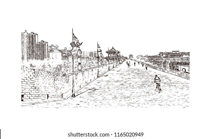 The fortifications of Xi'an, also known as Xi'an City Wall, in Xi'an, an ancient capital of China. Hand drawn sketch illustration in vector.