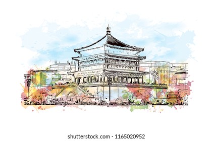 The fortifications of Xi'an, also known as Xi'an City Wall, in Xi'an, an ancient capital of China. Watercolor splash with hand drawn sketch illustration in vector.