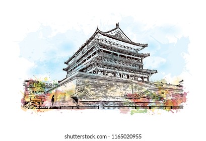 The fortifications of Xi'an, also known as Xi'an City Wall, in Xi'an, an ancient capital of China. Watercolor splash with hand drawn sketch illustration in vector.