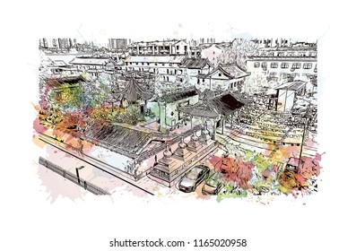 The fortifications of Xi'an, also known as Xi'an City Wall, in Xi'an, an ancient capital of China. Watercolor splash with hand drawn sketch illustration in vector.