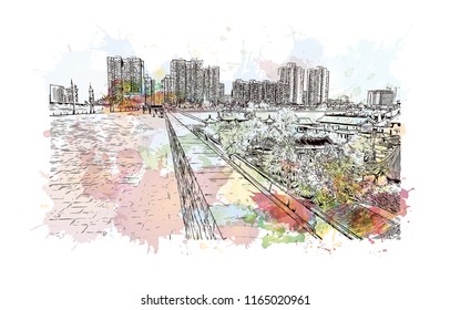 The fortifications of Xi'an, also known as Xi'an City Wall, in Xi'an, an ancient capital of China. Watercolor splash with hand drawn sketch illustration in vector.