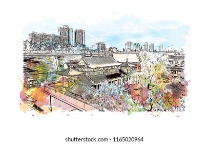 The fortifications of Xi'an, also known as Xi'an City Wall, in Xi'an, an ancient capital of China. Watercolor splash with hand drawn sketch illustration in vector.