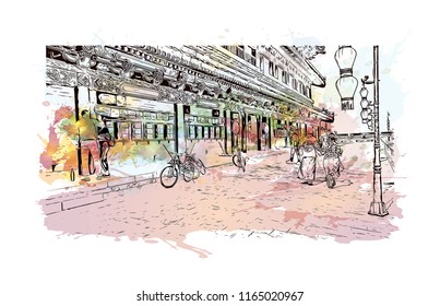 The fortifications of Xi'an, also known as Xi'an City Wall, in Xi'an, an ancient capital of China. Watercolor splash with hand drawn sketch illustration in vector.