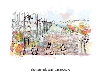 The fortifications of Xi'an, also known as Xi'an City Wall, in Xi'an, an ancient capital of China. Watercolor splash with hand drawn sketch illustration in vector.