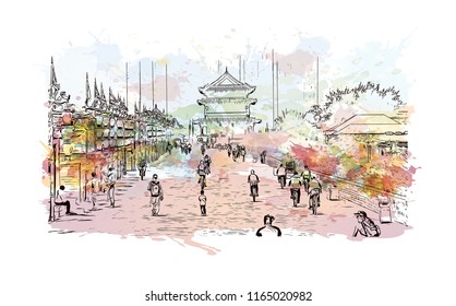 The fortifications of Xi'an, also known as Xi'an City Wall, in Xi'an, an ancient capital of China. Watercolor splash with hand drawn sketch illustration in vector.