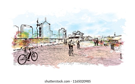 The fortifications of Xi'an, also known as Xi'an City Wall, in Xi'an, an ancient capital of China. Watercolor splash with hand drawn sketch illustration in vector.