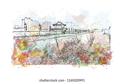 The fortifications of Xi'an, also known as Xi'an City Wall, in Xi'an, an ancient capital of China. Watercolor splash with hand drawn sketch illustration in vector.