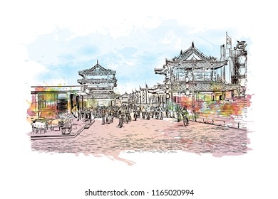 The fortifications of Xi'an, also known as Xi'an City Wall, in Xi'an, an ancient capital of China. Watercolor splash with hand drawn sketch illustration in vector.