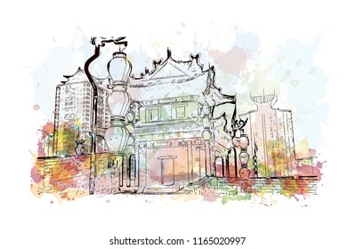 The fortifications of Xi'an, also known as Xi'an City Wall, in Xi'an, an ancient capital of China. Watercolor splash with hand drawn sketch illustration in vector.