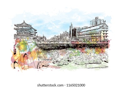 The fortifications of Xi'an, also known as Xi'an City Wall, in Xi'an, an ancient capital of China. Watercolor splash with hand drawn sketch illustration in vector.