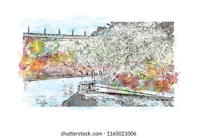 The fortifications of Xi'an, also known as Xi'an City Wall, in Xi'an, an ancient capital of China. Watercolor splash with hand drawn sketch illustration in vector.